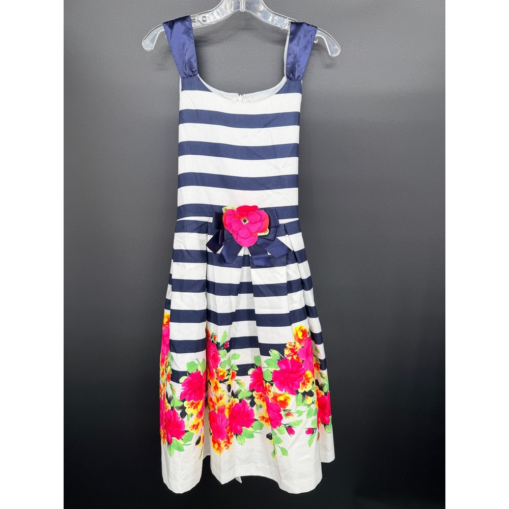 Bonnie Jean Floral Striped Dress Kids Size 14 Navy White Good Flower Bow